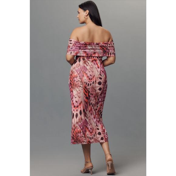 AFRM NWT Zamora Off-The-Shoulder Mesh Midi Dress in Berry Butterfly L - Picture 2 of 8